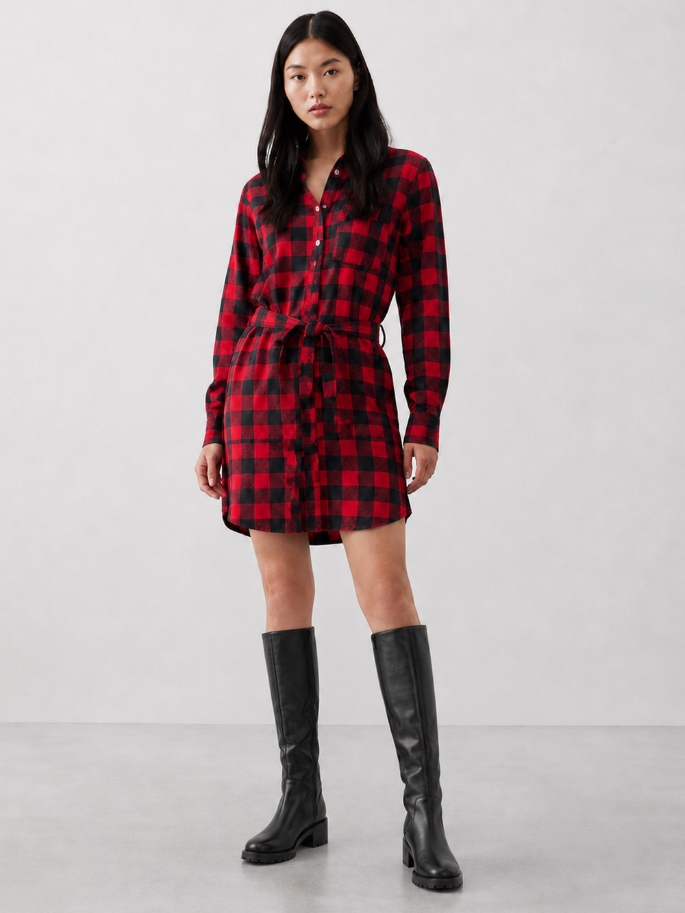 Simply Southern Buffalo Plaid Flannel Shirt Dress Red Black Tie Waist S